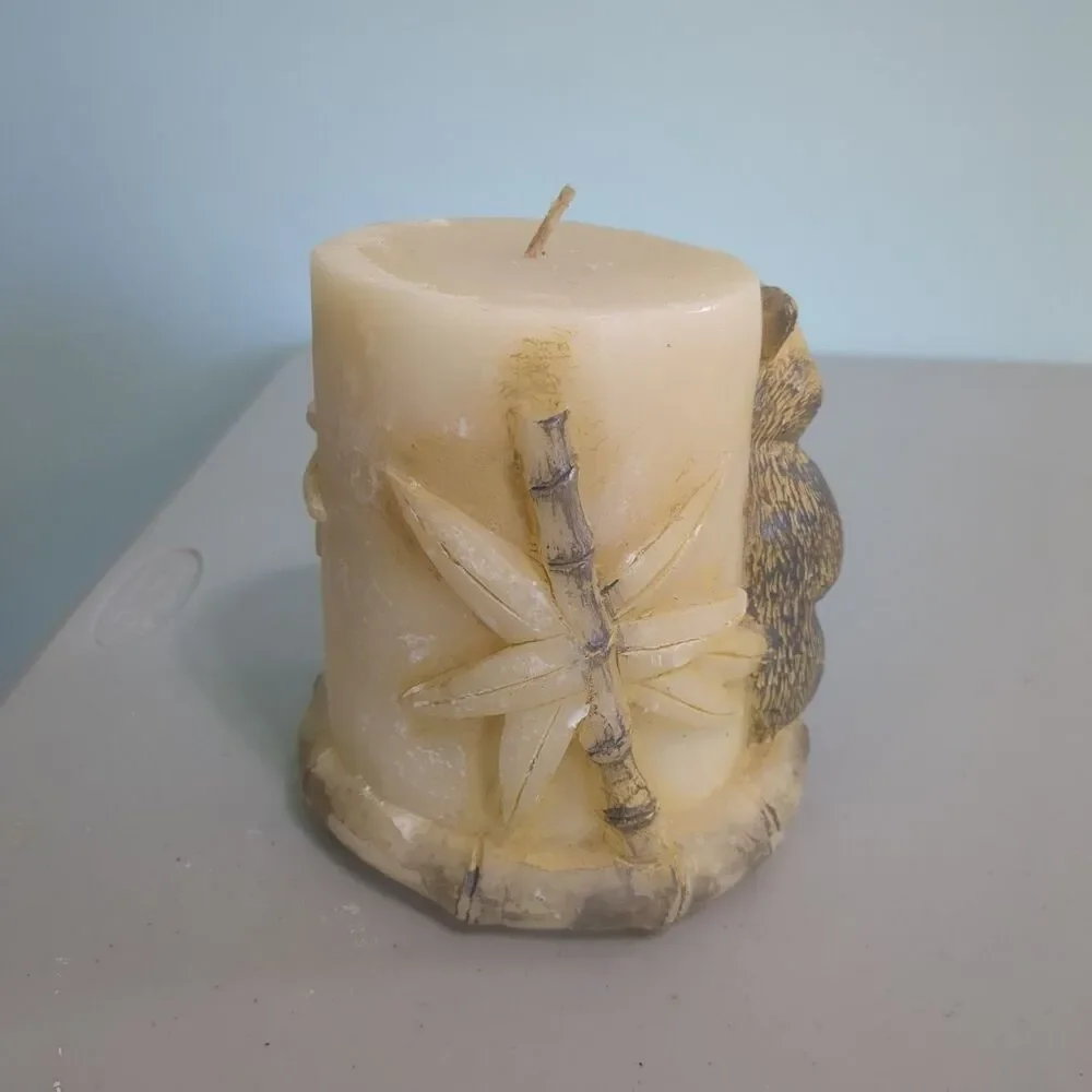 Animal Spirits Panda Bear Pillar Candle Sculpted Wax Handpainted Bamboo Lave